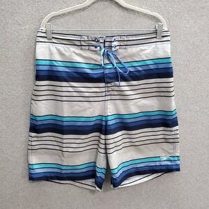 Speedo Men Swimwear‎ XL Blue Striped Swim Trunks Boardshorts Logo UPF 50 Surf